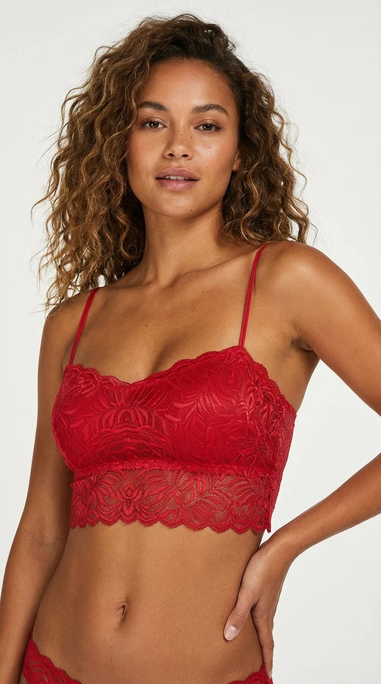 LunaIntim Kırmızı Dantelli Longline Bralet Ceket İçi Crop Büstiyer ve Boş Kap Sütyen - Arkadan Görünüm Detay